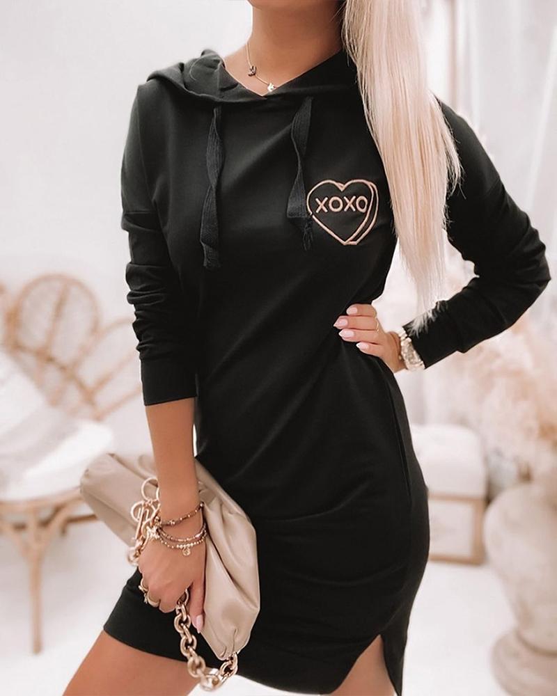 

Heart Letter Print Drawstring Hooded Slit Sweatshirt Dress, Black