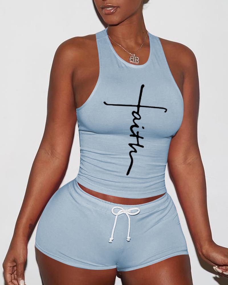

Letter Print Breathable Drawstring Active Set, Lighted blue