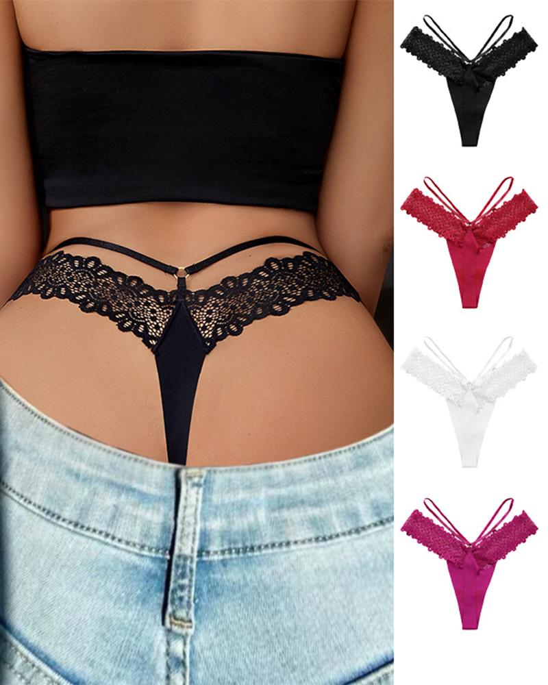 

Crochet Lace Cutout Thong Panty, Black
