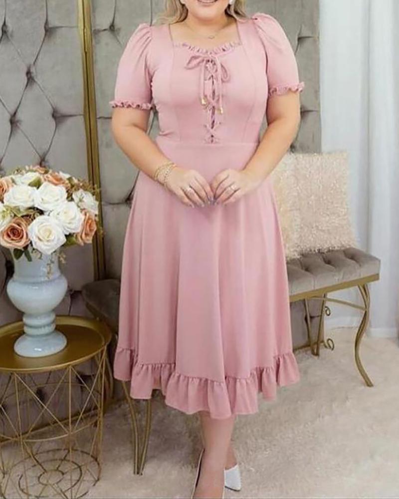 

Plus Size Eyelet Lace-up Bell Sleeve Ruffles Casual Dress, Pink