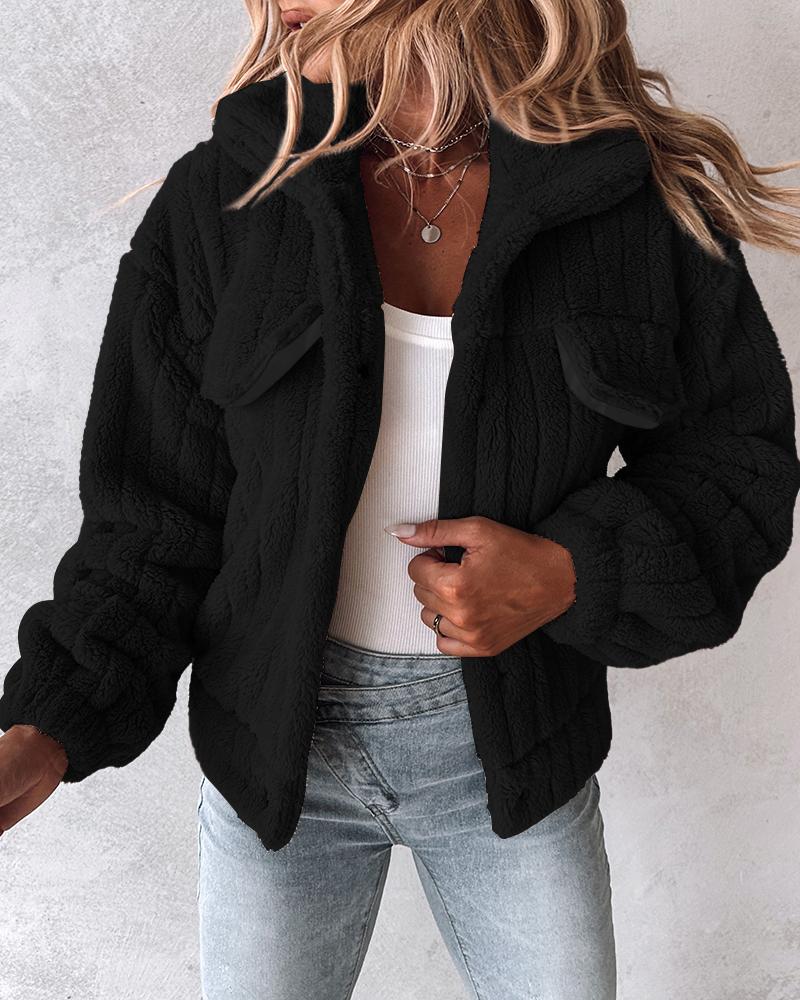 

Turn-down Collar Buttoned Teddy Jacket, Black