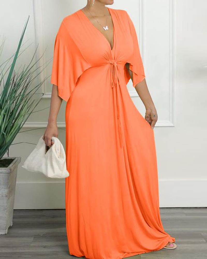 

Drawstring Ruched Batwing Sleeve Plunge Maxi Dress, Orange