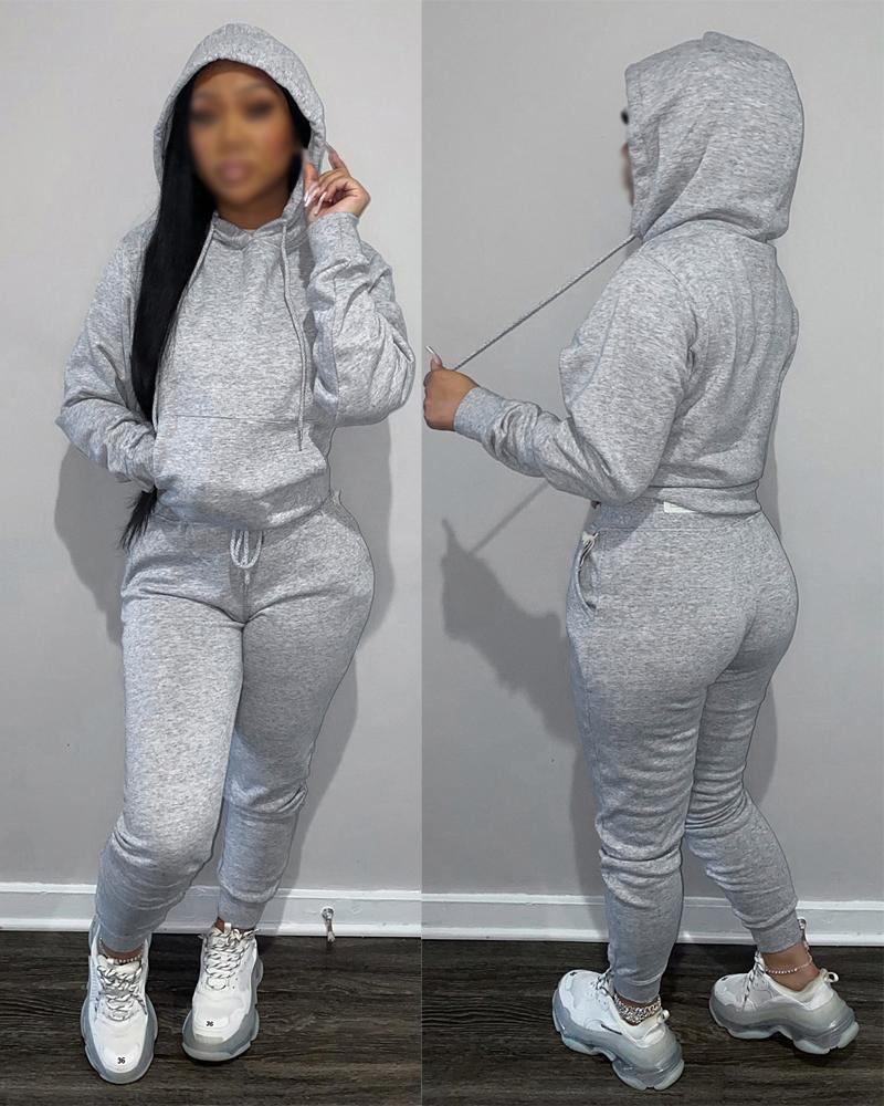 

Long Sleeve Casual Hoodie & Drawstring Pants Set, Gray