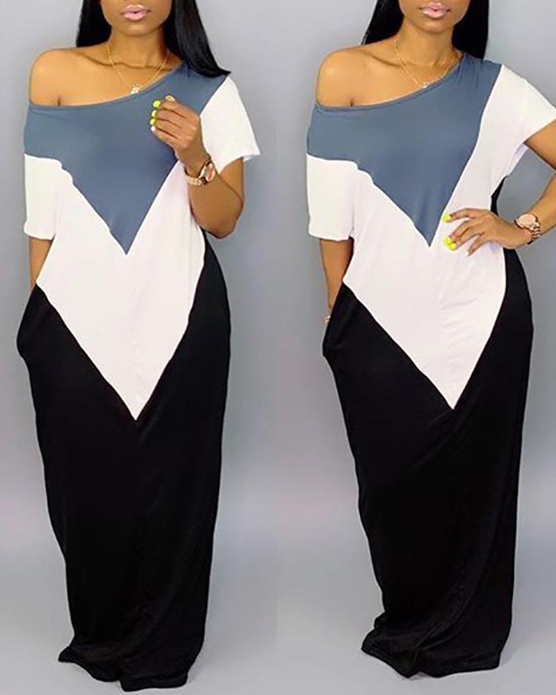 

Loose Colorblock One Shoulder Casual Maxi Dress, Gray