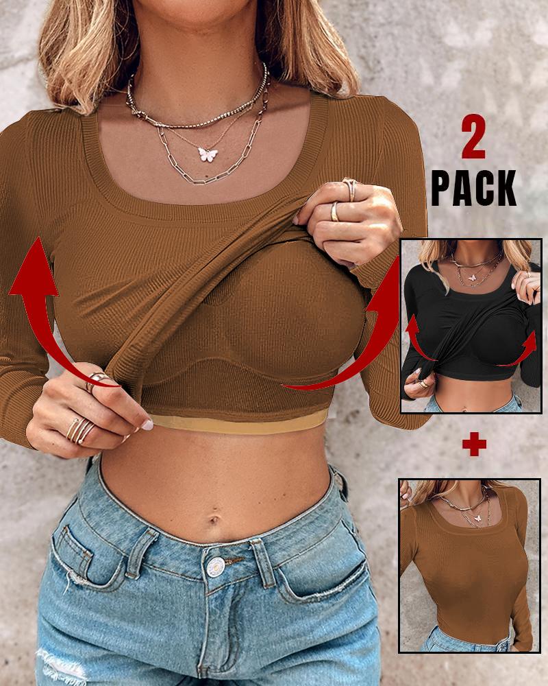 

Débardeur athlétique à manches longues et col en U avec soutien-gorge intégré ChicMe, 2 pièces, design côtelé, haut décontracté, Style3