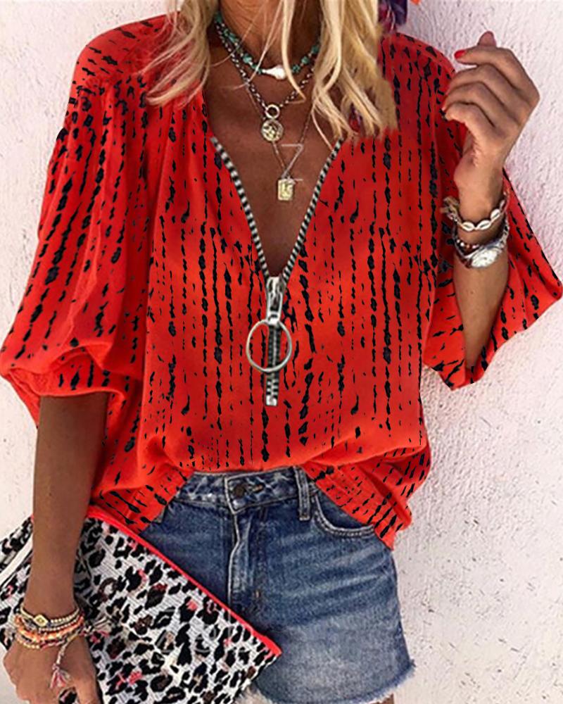 

Zipper Decor Lantern Sleeve Colorblock T-Shirt, Red