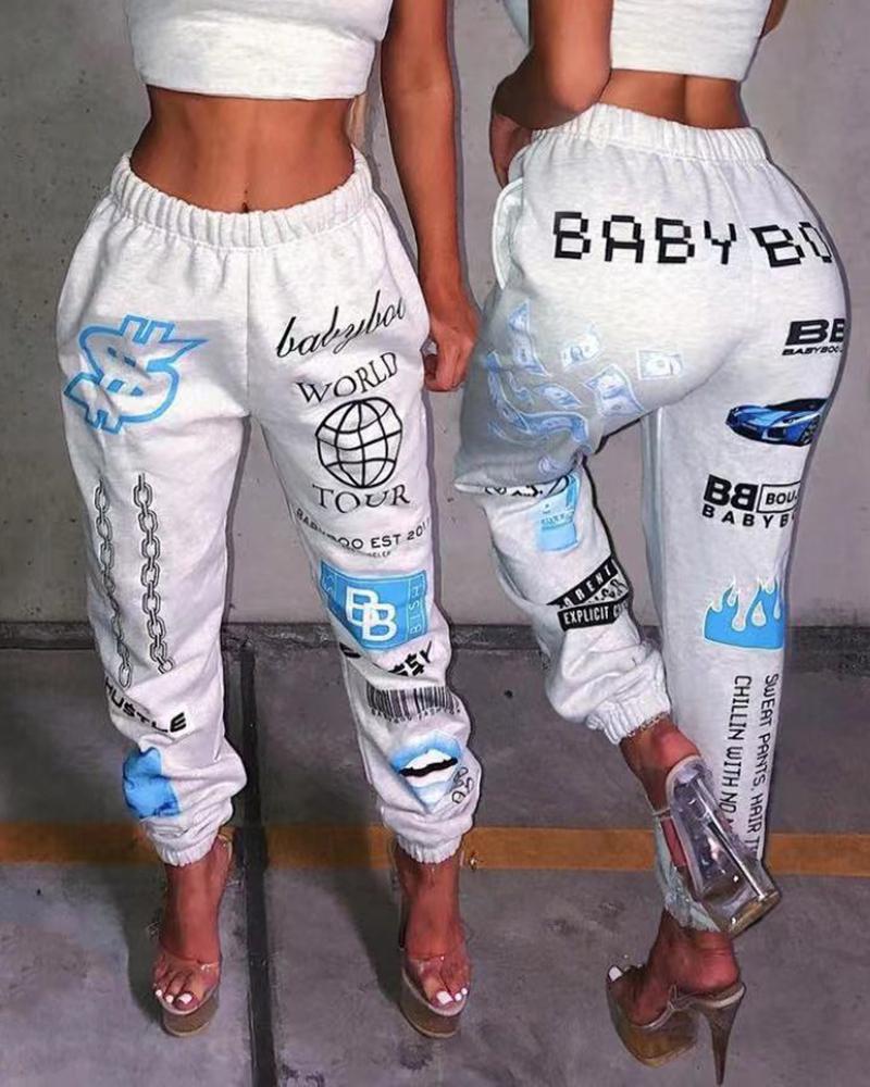 

Letter Print Butt Lift Sporty Pants, White