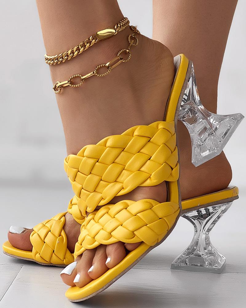 

Double Braided Strap Clear Pyramid Heels, Yellow