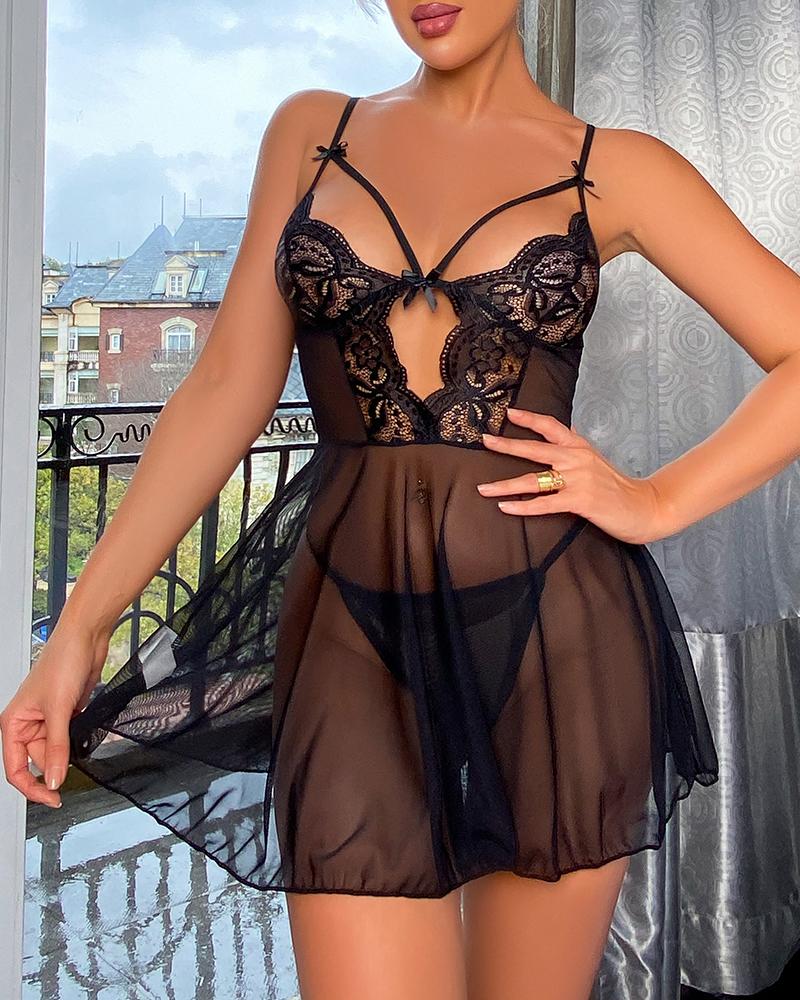 

Cutout Sheer Mesh Crochet Lace Bowknot Decor Babydoll, Black