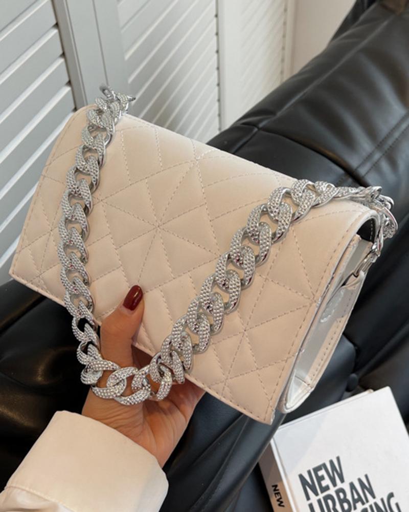 

Quilted Rhinestone Chain Strap Shoulder Bag, Beige