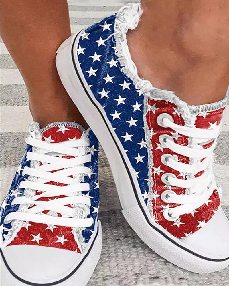 

Star Print Eyelet Lace-up Fringe Hem Canvas Shoes, Blue&red