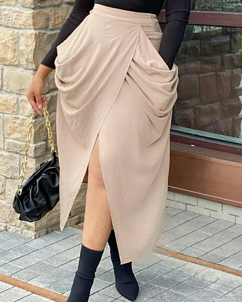 

Ruched High Slit Pocket Design Maxi Skirt, Khaki