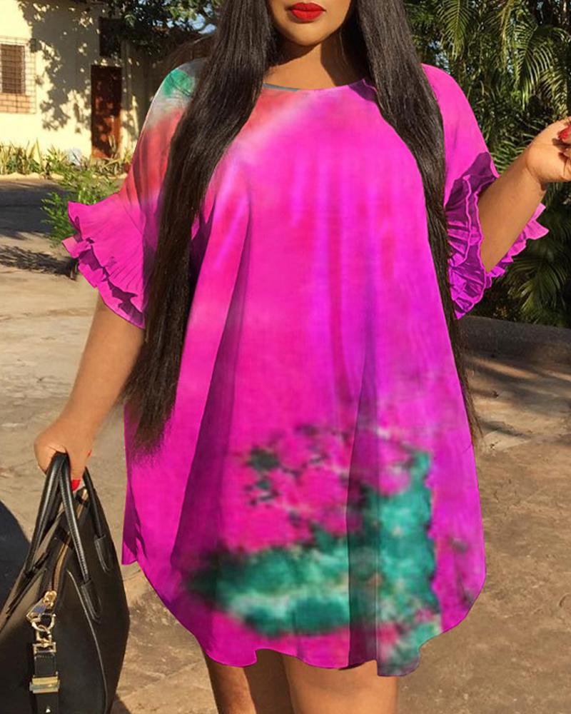 

Plus Size Tie Dye Print Bell Sleeve Curved Hem Casual Dress, Hot pink