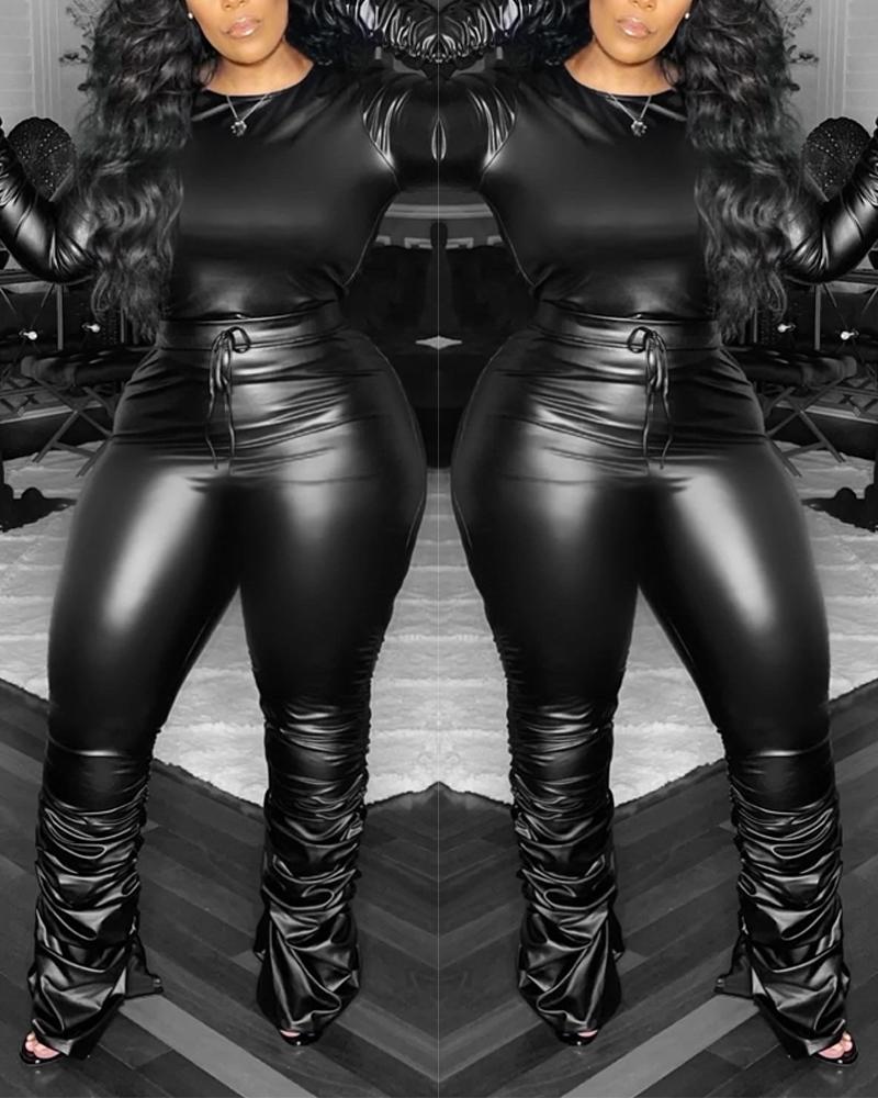 

Ruched Long Sleeve Top & PU Leather Pants Set, Black