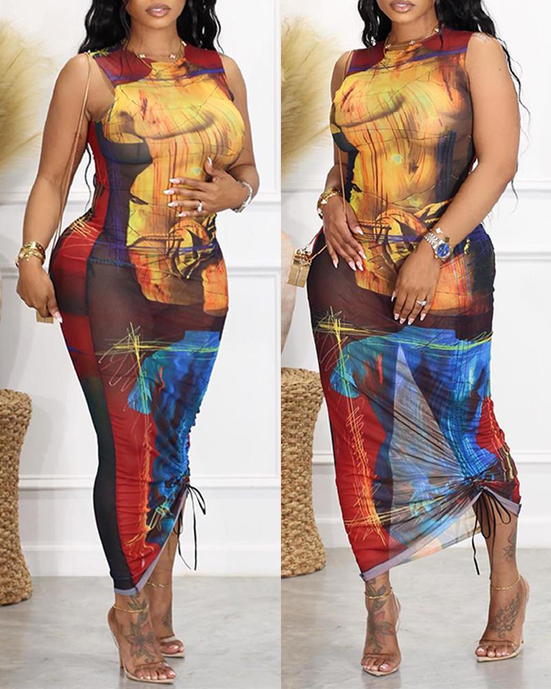 

Abstract Print Sleeveless Drawstring Bodycon Dress, Multicolor