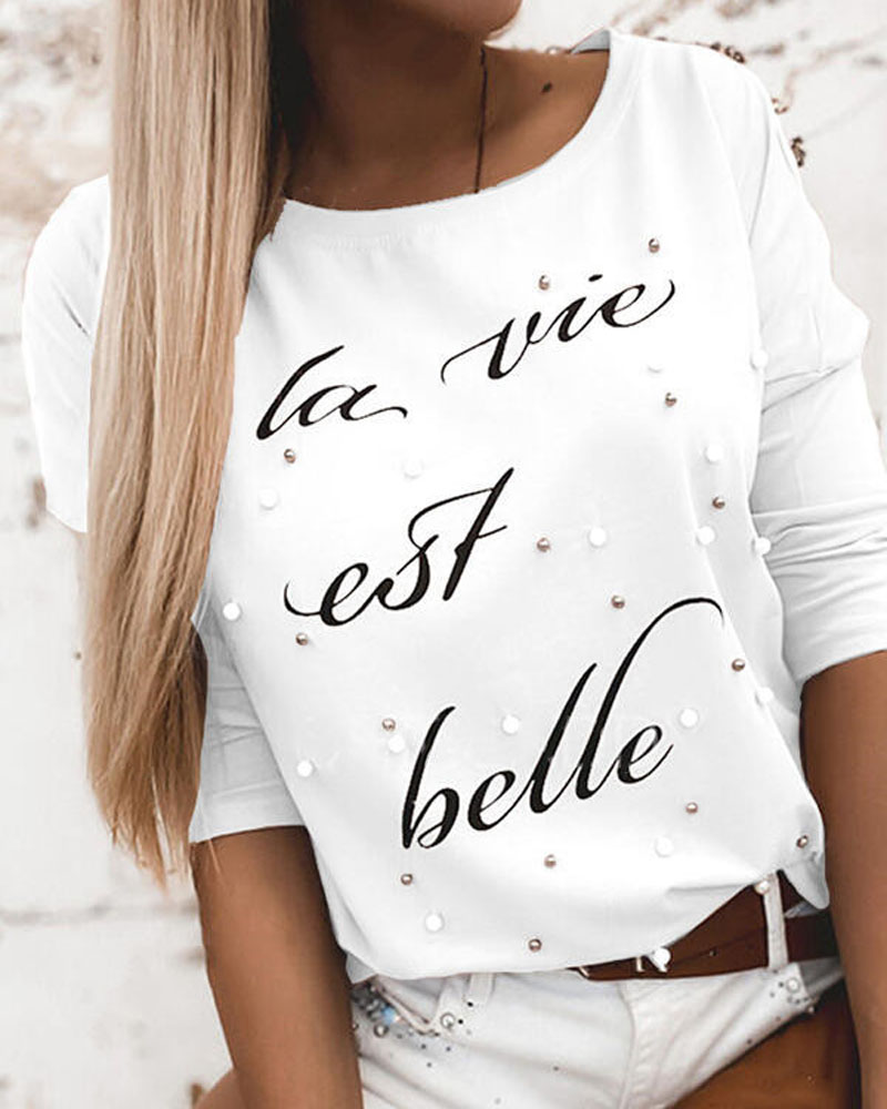 

Letter Print Beaded Decor Long Sleeve Top, White
