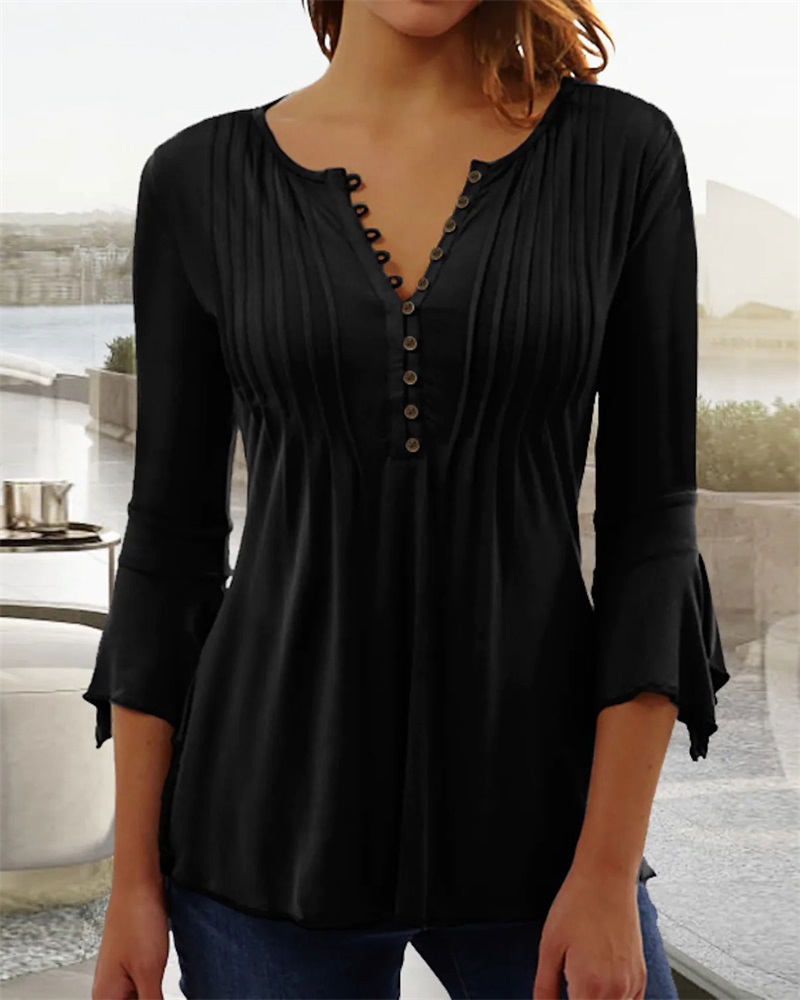 

Button Front Bell Sleeve Top, Black