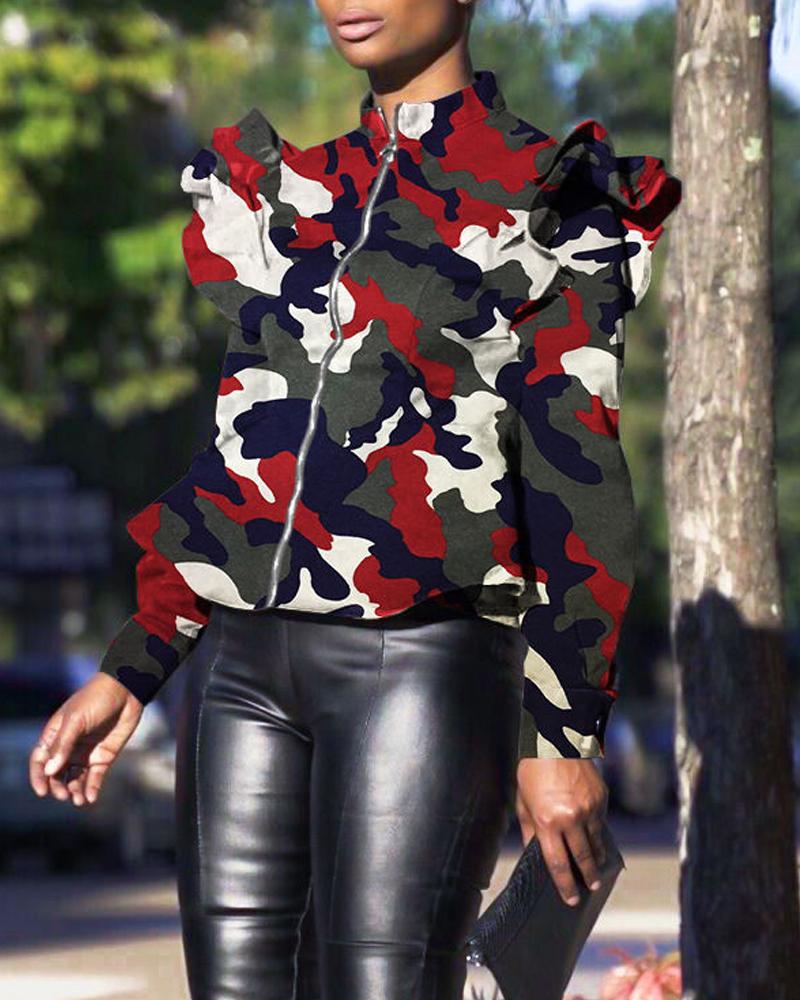 

Plus Size Camouflage Print Ruffle Hem Zip Up Jacket, Red