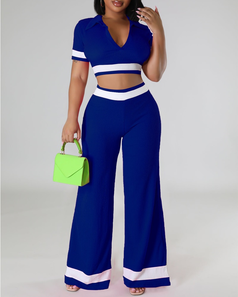 

Striped Top & Wide Leg Pants Set, Blue