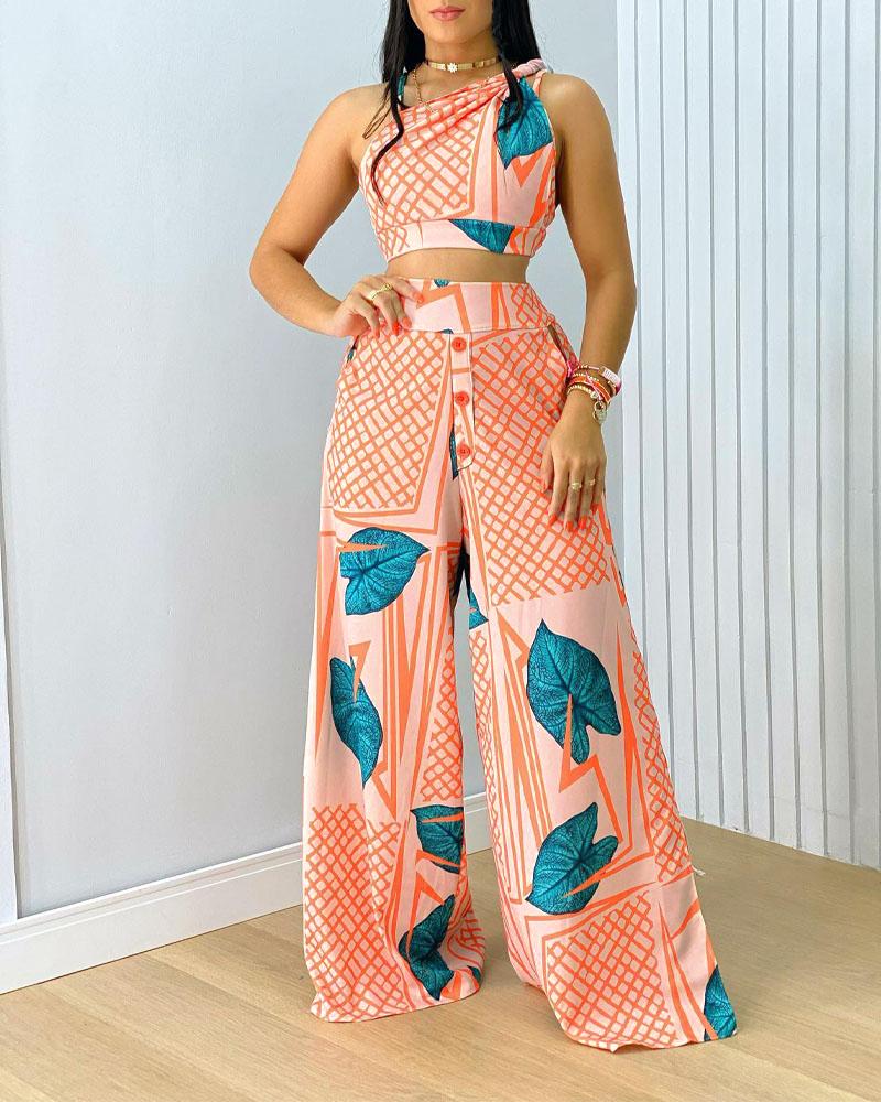 

Leaf Geo Print Crop Top & Wide Leg Pants Set, Multicolor
