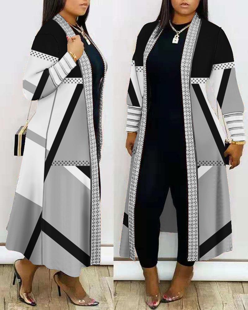 

Plus Size Geometric Print Open Front Longline Coat, Gray