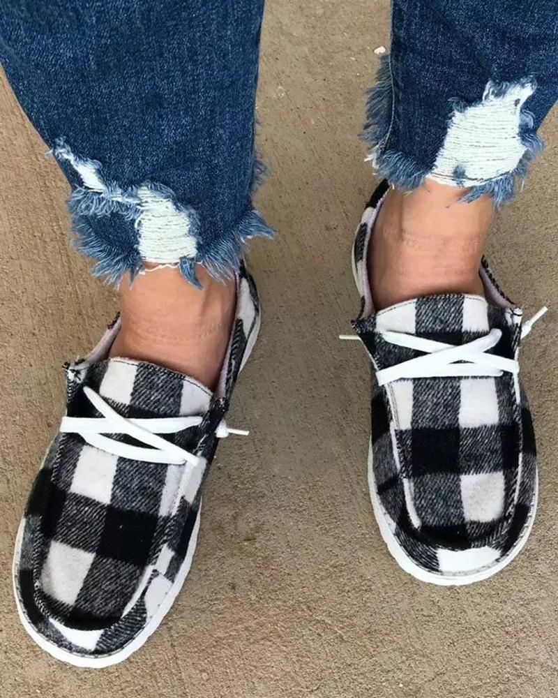 

Plaid Print Lace-up Slip On Casual Shoes, Blackwhite