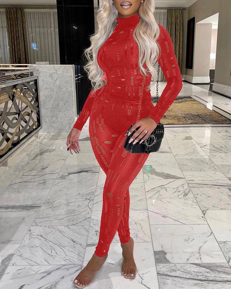 

Knit Cutout Mock Neck Top & High Waist Pants Set, Red