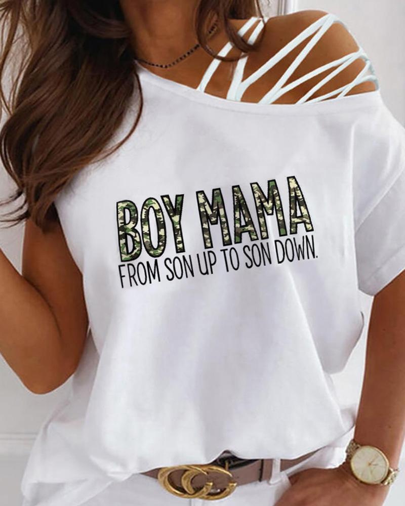 

Mother's Day Letter Camouflage Print One Shoulder Lace-up Top, White