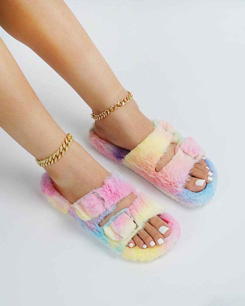 

Round-toe Tie Dye Fluffy Open-toe Slippers, Multicolor