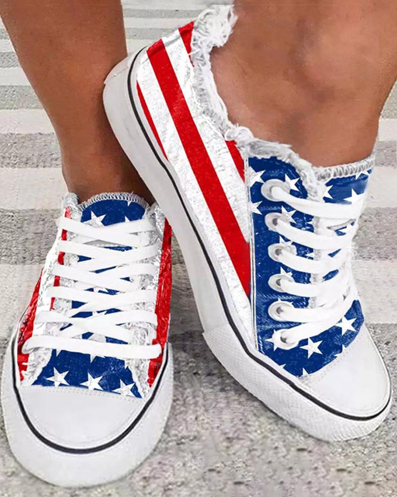 

Fringe Hem American Flag Lace-up Canvas Shoes, Blue&red