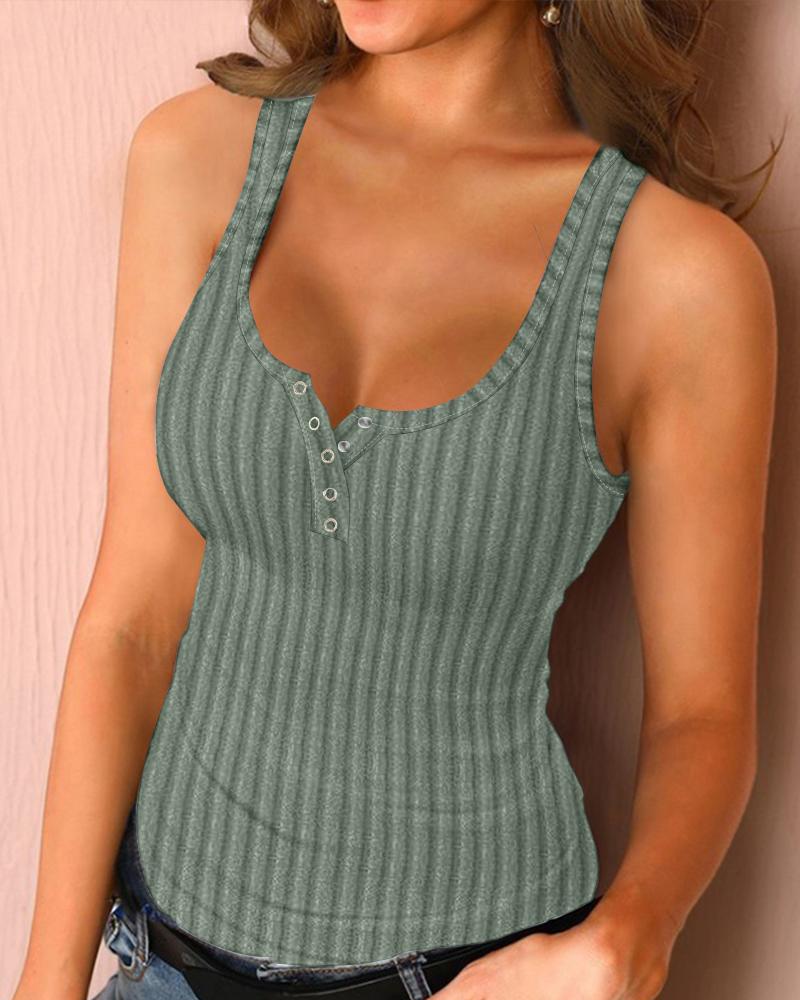 

U-Neck Snap Button Ribbed Tank Top, Green