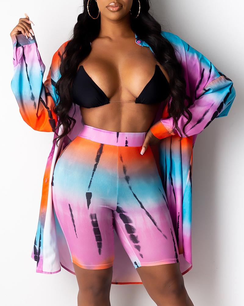 

Tie Dye Print Shirt & High Waist Fitted Shorts Set, Pink