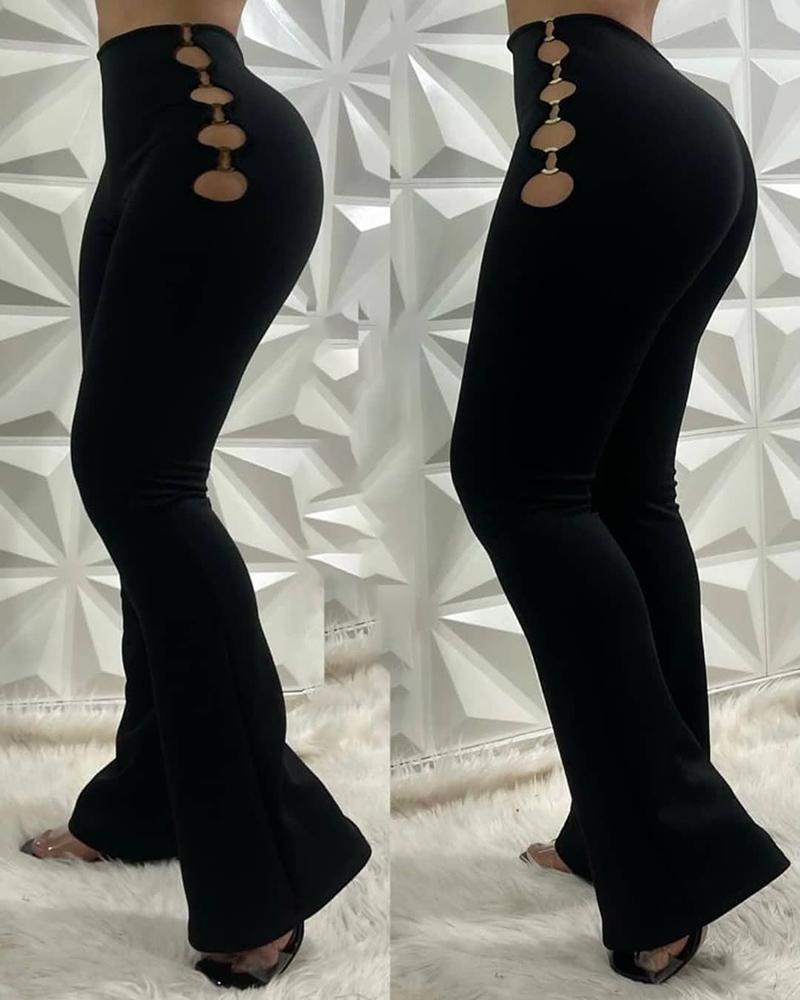 

O-Ring Cutout High Waist Bootcut Pants, Black
