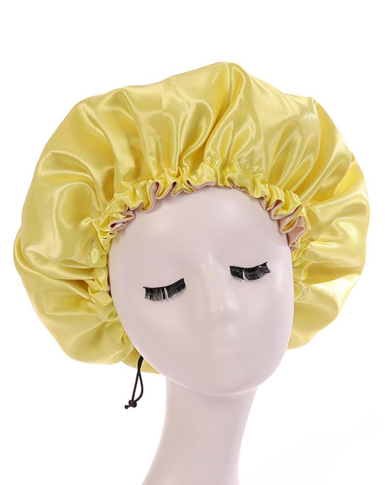 

1pc Night Sleep Cap Adjustable Drawstring Satin Bonnet For Curly Hair Care, Yellow