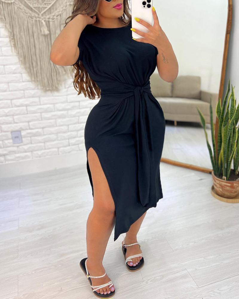 

Plus Size Tied Detail Slit Casual Dress, Black