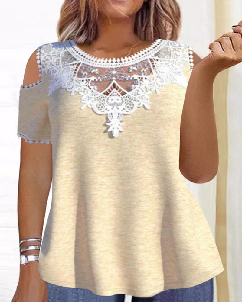 

Cold Shoulder Lace Patch Casual T-shirt, Apricot