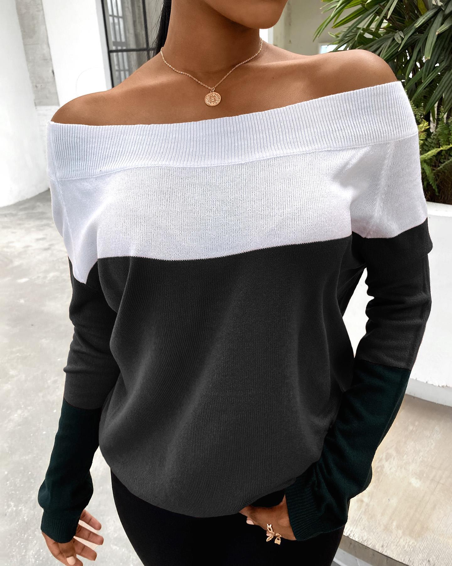 

Off Shoulder Colorblock Long Sleeve Sweater, Gray