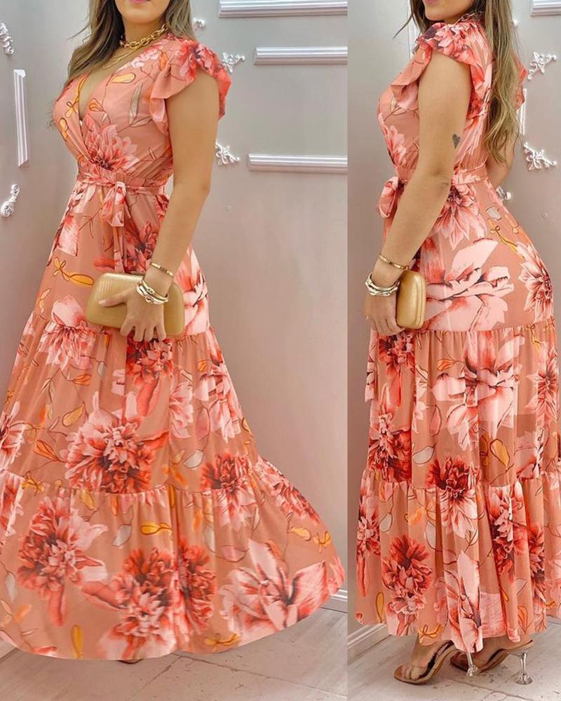 

V-Neck Ruffles Sleeve Floral Print Chiffon Dress, Pink