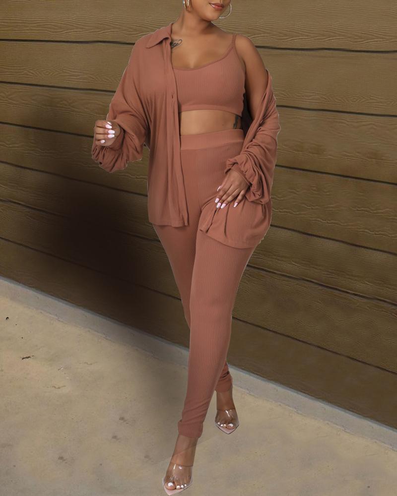 

Ribbed Crop Top & High Waist Pants Set With Lantern Sleeve Coat, Pink