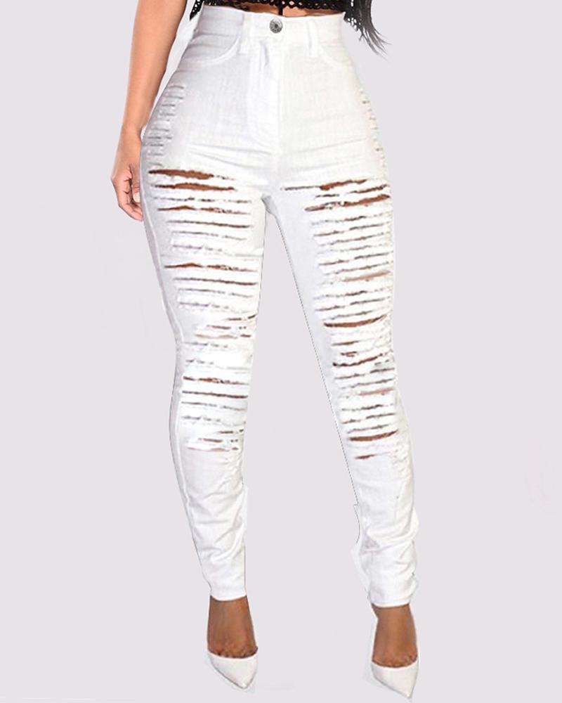 

Fringe Hem Ladder Cutout Denim Pants, White