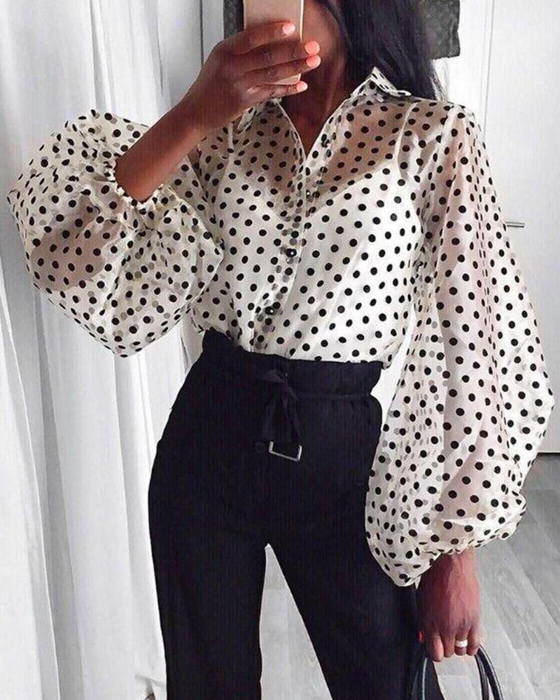 white polka dot puff sleeve top