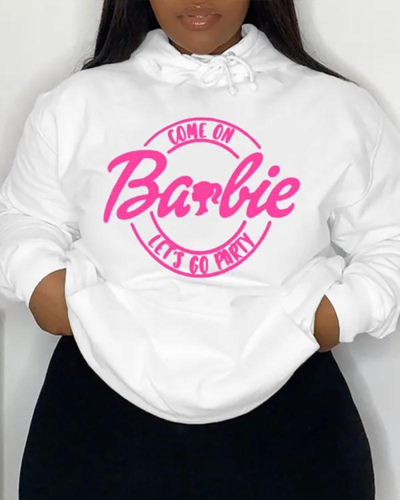 

Plus Size Come On Barbie Let's Go Party Print Drawstring Sweatshirt, White