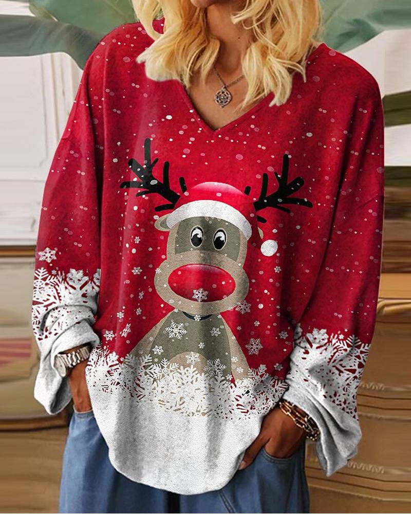 

Christmas Snowflake Elk Print Long Sleeve Top, Red