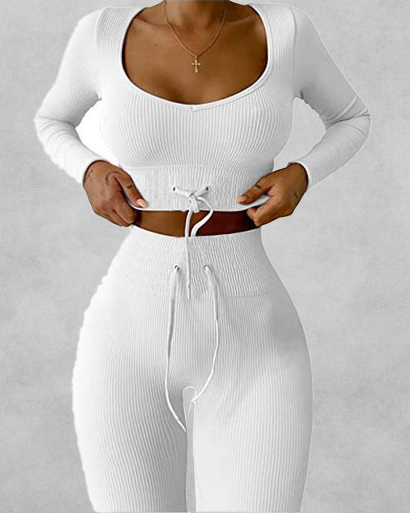 

Long Sleeve Crop Sports Tee With Drawstring Yoga Leggings, White