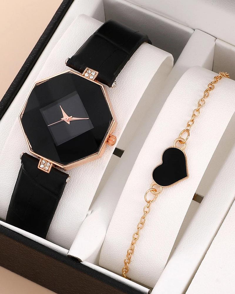 

2pcs Geometric Quartz Watch & Heart Pattern Chain Bracelet Set, Black