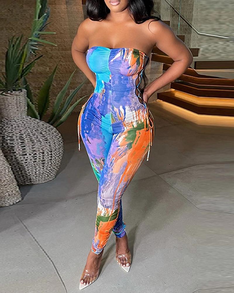 

Bandeau Abstract Print Lace-up Skinny Jumpsuit, Blue