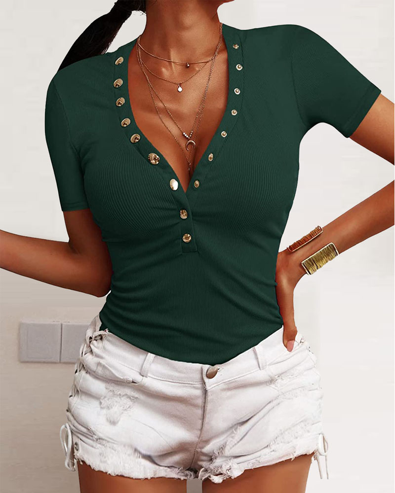 

Short Sleeve V-Neck Snap Button Ribbed Top, Green