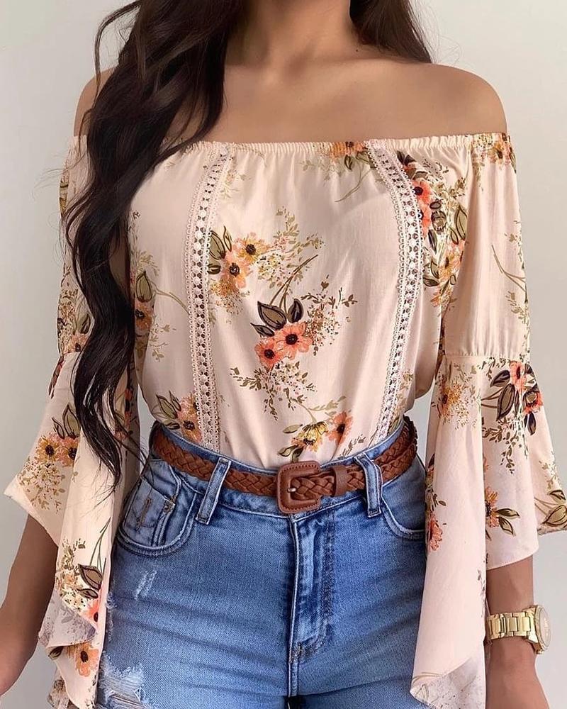 

Off Shoulder Floral Print Asymmetrical Bell Sleeve Top, Apricot