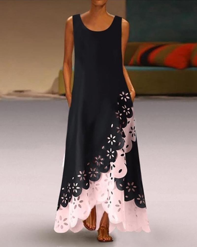 

Colorblock Hollow Out Scallop Trim Maxi Dress, Pink