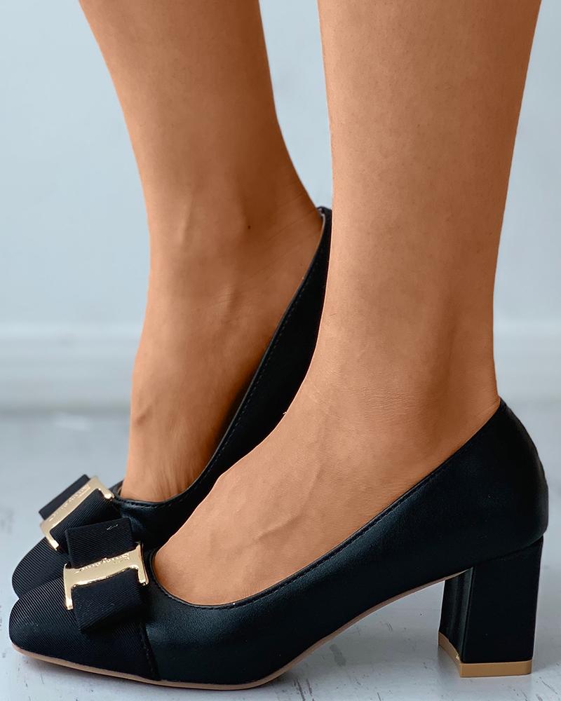

Buckled Bowknot Design Square Toe Chunky Shoes, Black
